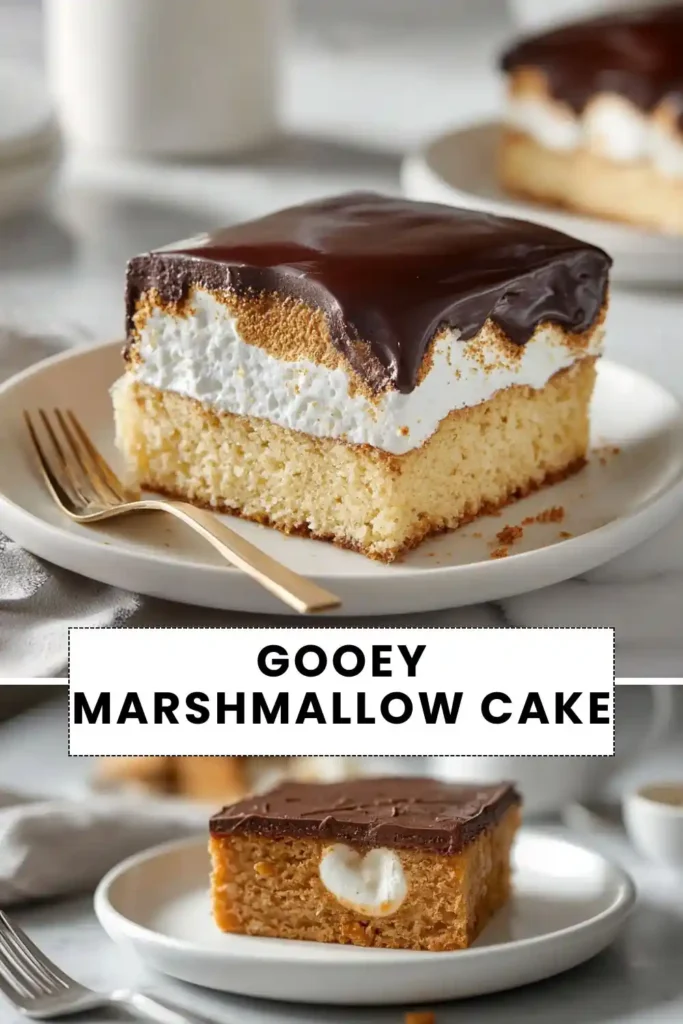 Gooey Marshmallow Cake Gooey marshmallow cake with fluffy marshmallow filling, vanilla cake, and rich chocolate ganache.
