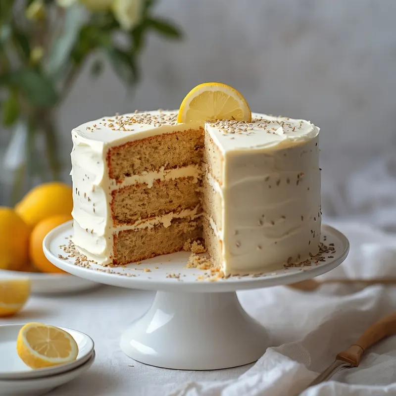 Fresh Lemon Poppy Seed Layer Cake with creamy frosting
