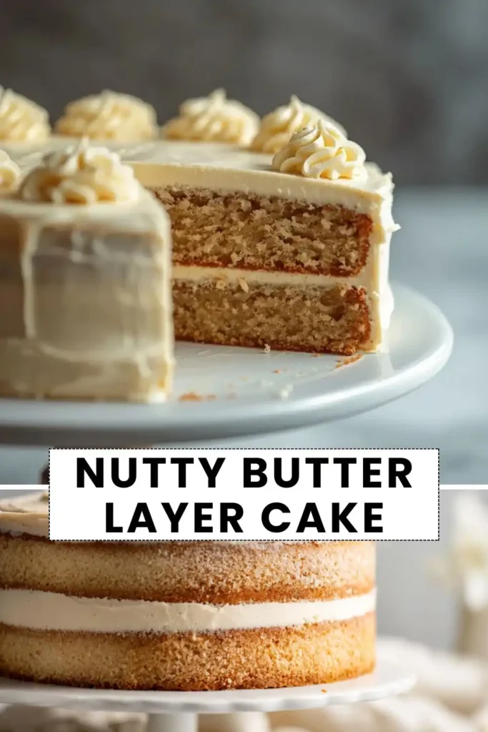 Nutty Butter Layer Cake Moist nutty butter layer cake with creamy butter frosting and smooth buttercream filling, sliced to reveal its soft layers.