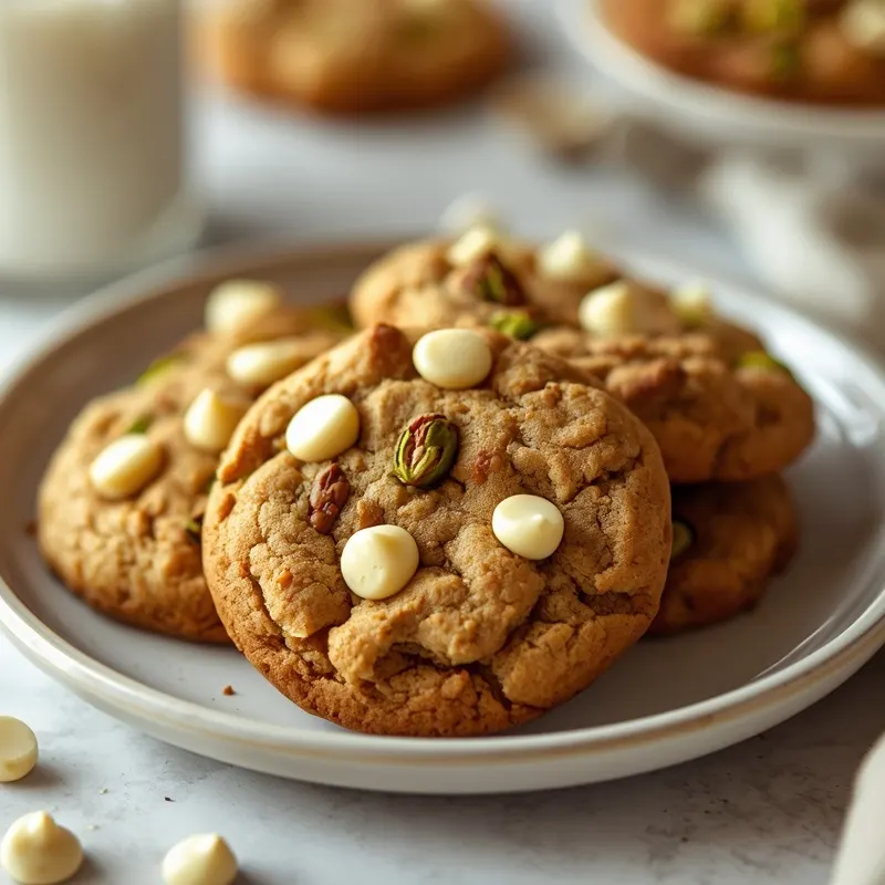 Buttery Pistachio White Chocolate Chip Cookies with crunchy pistachios