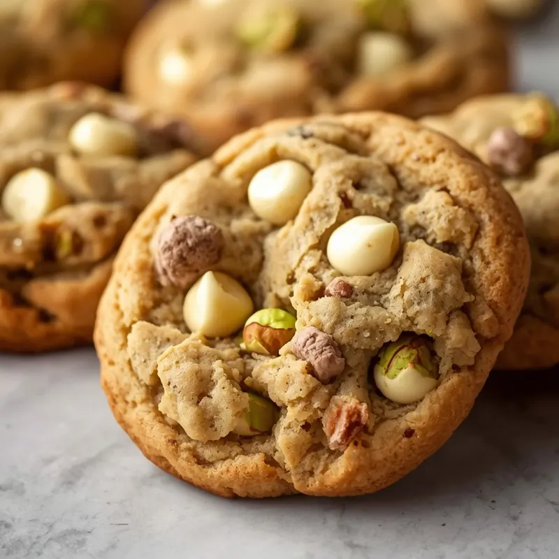 Buttery Pistachio White Chocolate Chip Cookies with crunchy pistachios