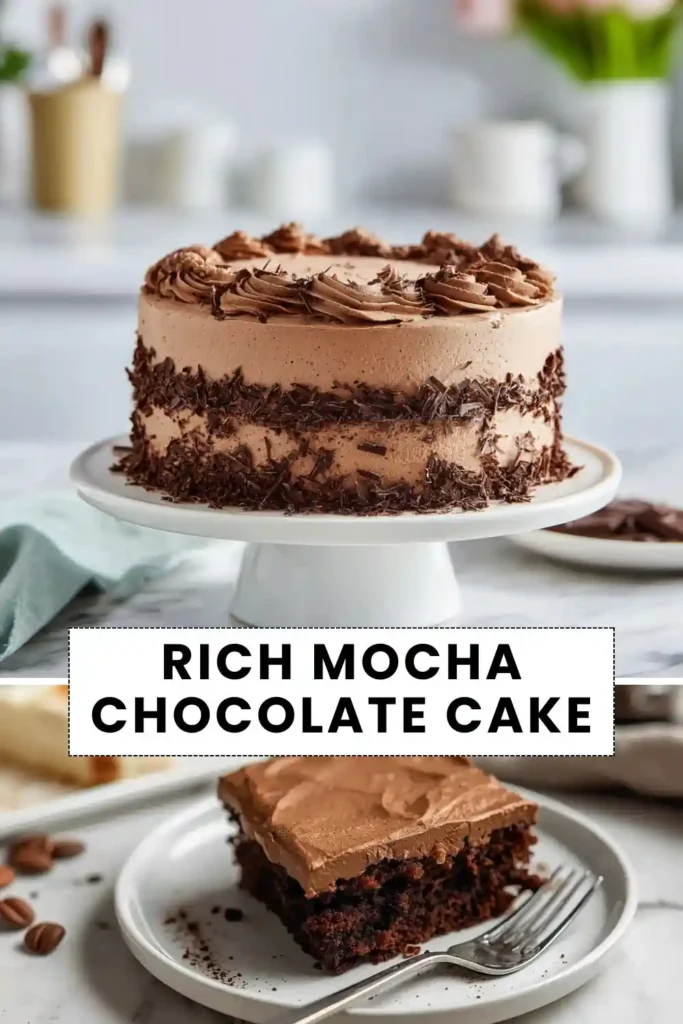Rich mocha chocolate cake with creamy coffee frosting, chocolate shavings, and moist chocolate layers on a cake stand.