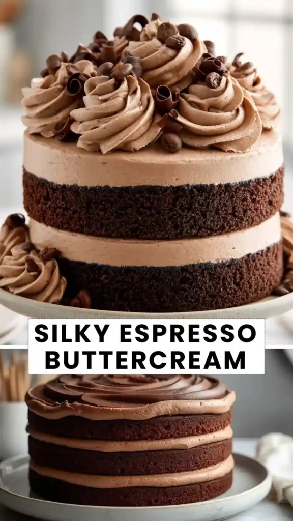 Rich chocolate layer cake filled and frosted with silky espresso buttercream, decorated with chocolate curls and coffee beans.
