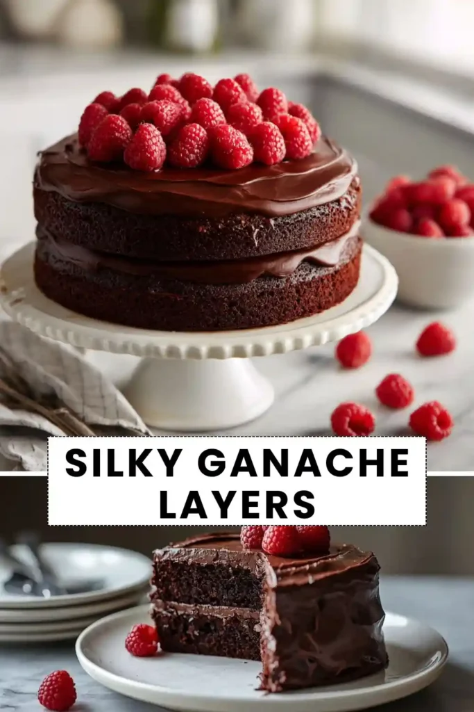 Rich chocolate layer cake topped with fresh raspberries and smooth chocolate ganache, with a sliced piece on a dessert plate.