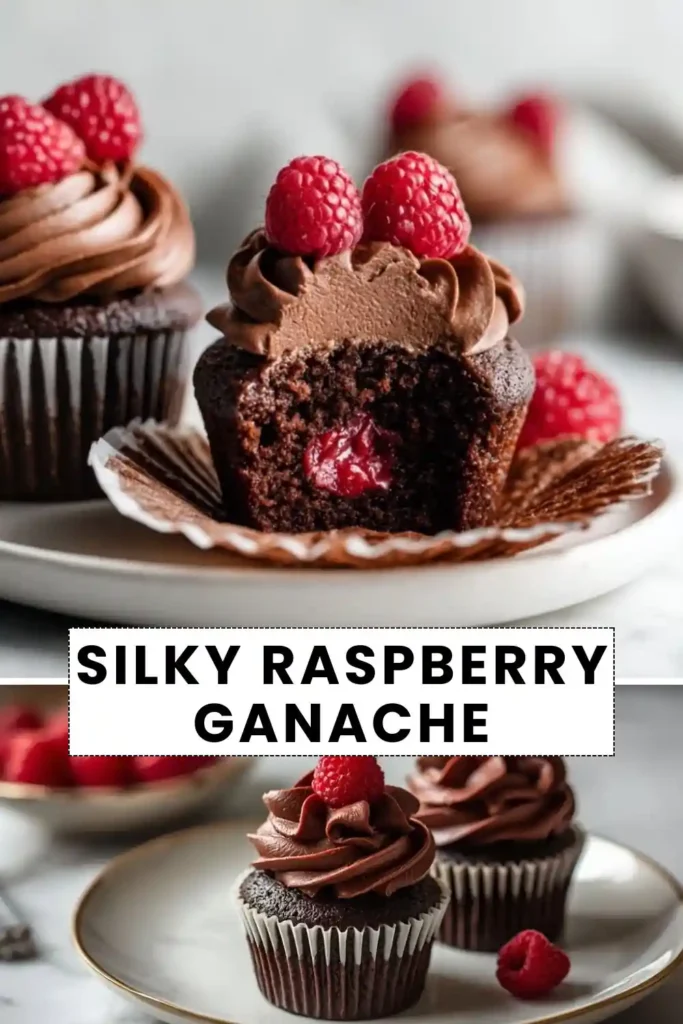 Silky Raspberry Ganache Chocolate Cupcakes Chocolate cupcakes filled with raspberry and topped with silky chocolate ganache frosting and fresh raspberries.