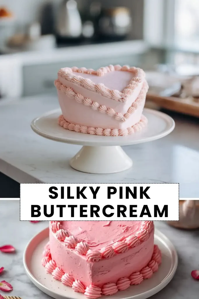 Silky Pink Buttercream Cake Recipe | Easy Heart-Shaped Buttercream Cake Heart-shaped pink buttercream cake with smooth frosting and decorative piping displayed on a white cake stand.