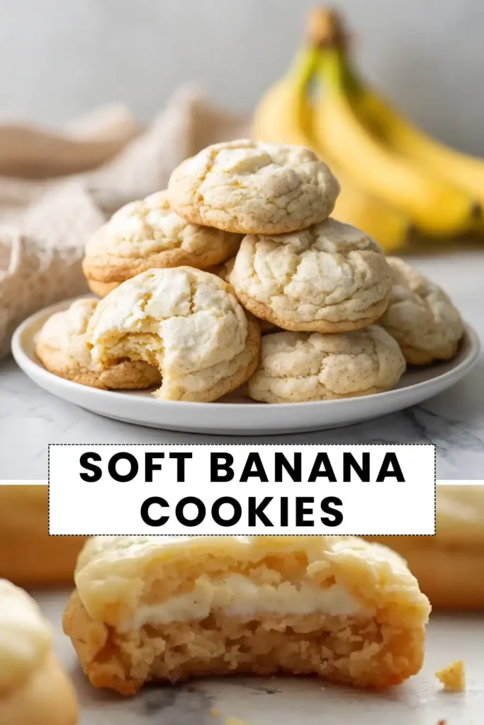 Soft banana cookies with a fluffy texture and creamy frosting, stacked on a plate with fresh bananas in the background.