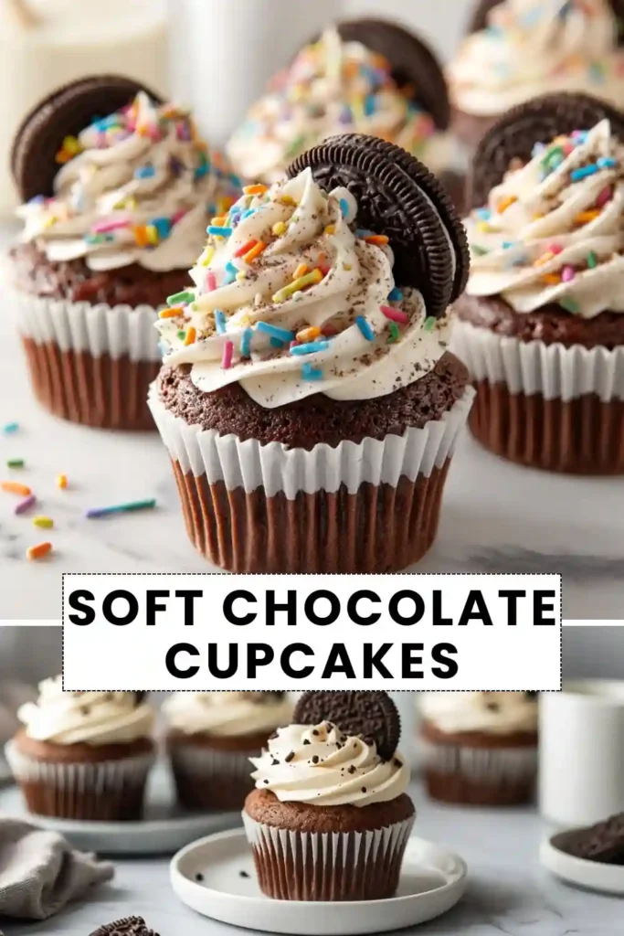 Soft Chocolate Cupcakes Soft chocolate cupcakes topped with vanilla buttercream frosting, Oreo cookies, and colorful sprinkles.
