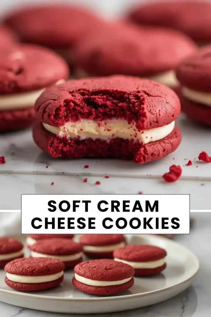 Soft red velvet cream cheese sandwich cookies filled with smooth cream cheese frosting on a serving plate.