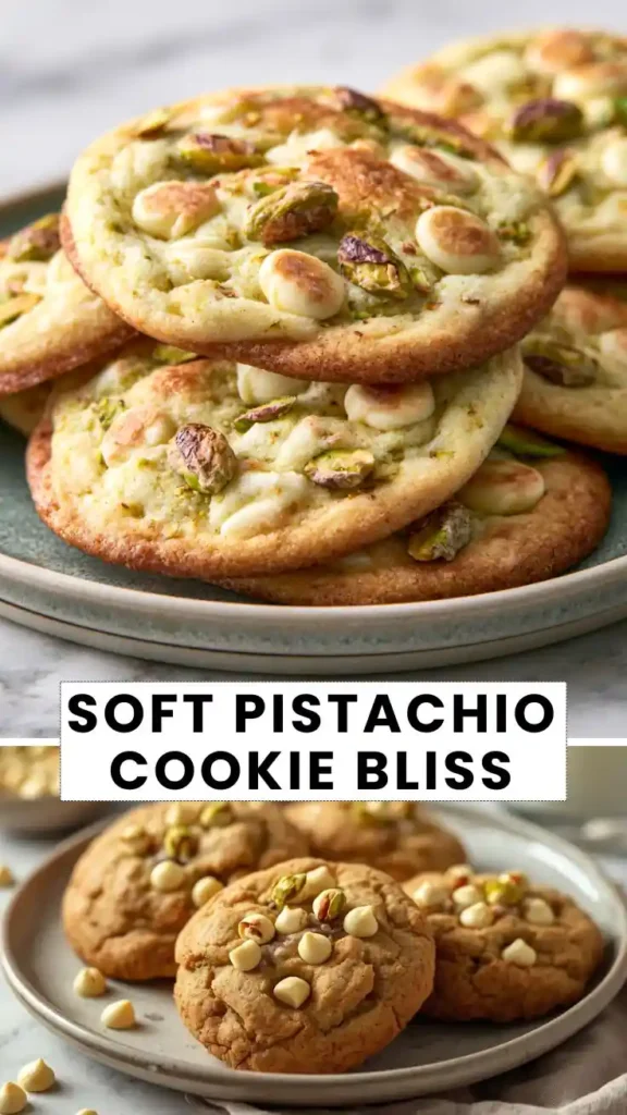 Soft pistachio cookies studded with white chocolate chips and chopped pistachios, stacked on a plate with a golden, chewy texture.