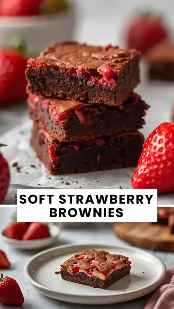 Soft chocolate strawberry brownies with fresh strawberry pieces, stacked on a plate and served with whole strawberries.