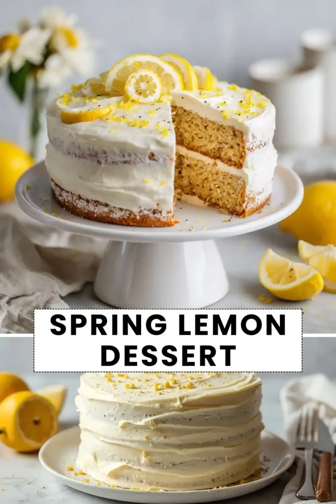 Spring lemon layer cake with creamy white frosting, fresh lemon slices, and lemon zest on a white cake stand.