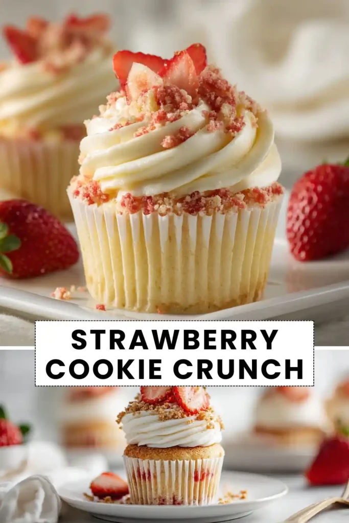 Strawberry cookie crunch cupcake topped with vanilla buttercream, fresh strawberries, and crunchy cookie crumbs.