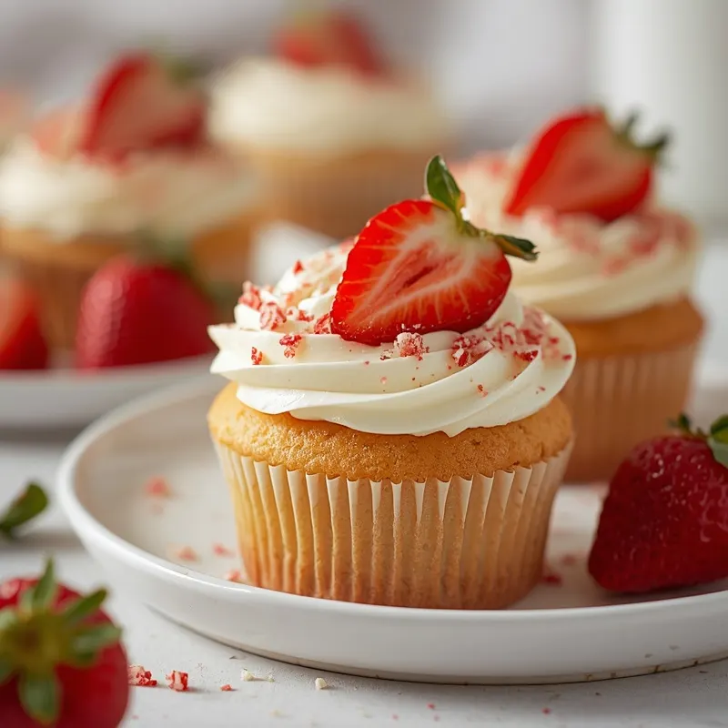 Colorful Strawberry Crunch Shortcake Cupcakes with crunchy topping
