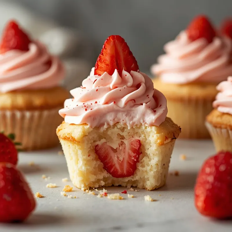 Colorful Strawberry Crunch Shortcake Cupcakes with crunchy topping