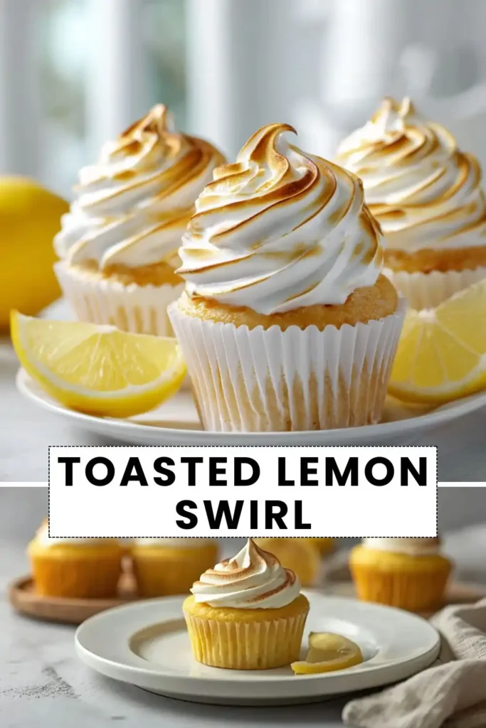 Lemon cupcakes topped with toasted meringue swirl frosting and fresh lemon wedges on a serving plate.