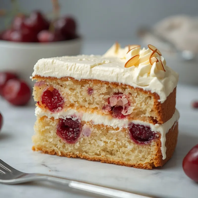 Fresh Cherry Almond Cake with Creamy Frosting