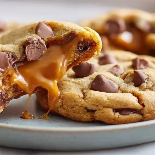 Close-up hero image of a soft chocolate chip cookie with a gooey caramel center and melted caramel flowing onto a plate.