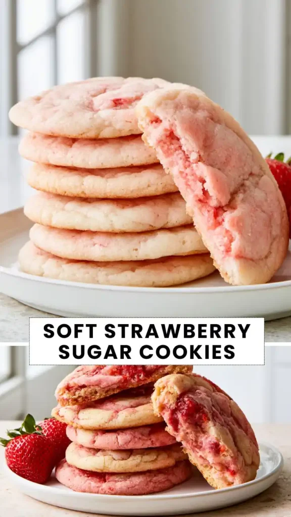 Soft strawberry sugar cookies with pink strawberry swirls and fresh strawberries.